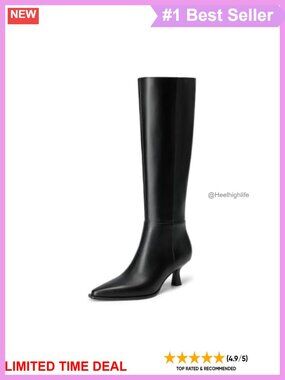 Kitten Heel Knee High Boots Pointy Toe Zip Up Faux Leather